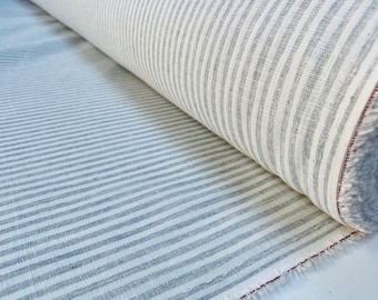 Candy Stripe Linen Fabric Light Cotton Material Cute Striped White Lines Home Decor, Dressmaking - 59" or 150cm wide - GREY
