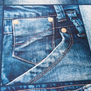 Tessuto effetto JEANS DENIM Digi per tende d&#39;arredo, sfondo blu patchwork stampato in cotone, 110&quot;/280 cm di larghezza in tela EXTRA