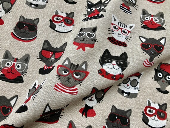 Hipster CATS Fabric Curtain Upholstery Cotton Cat Print Material 55' wide canvas 