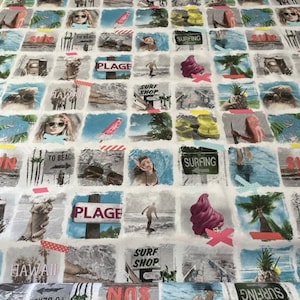 May include: A white fabric with a repeating pattern of colorful images related to surfing and the beach. The images include palm trees, surfboards, ice cream cones, and signs that say "Surfing", "Surf Shop", "Hawaii", "To Beach", "Sun", and "Plage".