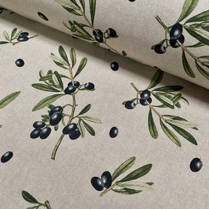 Black Olive Branch Fabric Olives Print Green Leaf Tree Linen Look Upholstery Kitchen Curtain Cotton Material 55&quot; or 140cm Wide
