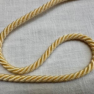 May include: A single length of pale yellow twisted cord trim with a smooth, lustrous finish. The cord is arranged in a gentle, flowing curve, showcasing the consistent, tightly wound rope-like texture of the decorative piping material.