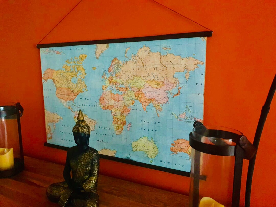 World Map Fabric Poster, Map of the World Textile Tapestry Wall Art