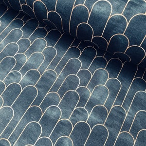 Archi Art Déco ventaglio tessuto effetto marmo sirena squama di pesce arredamento materiale da tappezzeria larghezza 140 cm blu navy e oro