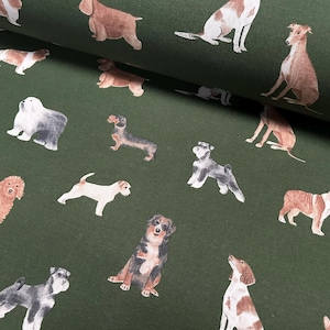 Peut inclure: Tissu vert foncé orné d'un motif répété de différentes races de chiens peints à l'aquarelle. Les chiens sont représentés dans diverses poses et couleurs, notamment marron, blanc, noir et gris. Idéal pour la couture ou la décoration intérieure.