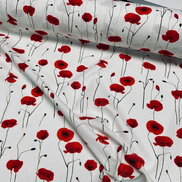 Red Poppy Flowers Fabric Remembrance Day Poppies Field Curtain Material for Dress Decor Curtain Upholstery - 55" or 140cm Wide Canvas