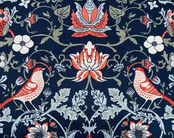 Folklore Tissu Imprimé Forêt Fleurs Oiseaux Décor À La Maison Rideau Tapisserie D'ameublement Ethnique Matériel 140cm De Large -Noir & Rouge