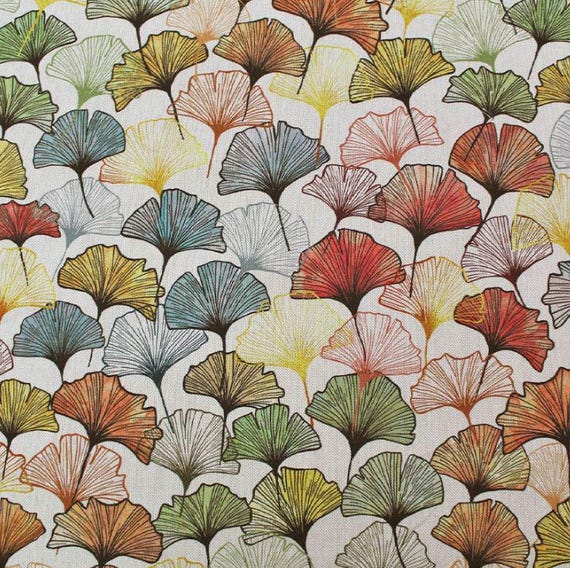 Ginkgo Leaf Linen Look Fabric Digital Print Autumn Gingko Biloba Flower Plant Material 140cm Wide Canvas for Curtains Upholstery Home Decor