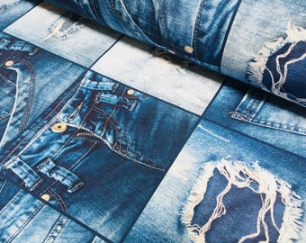 DIGI Print Denim Jeans Effect Cotton Fabric for Furnishing Curtains, Backdrop blue patchwork material - 55"/140cm wide