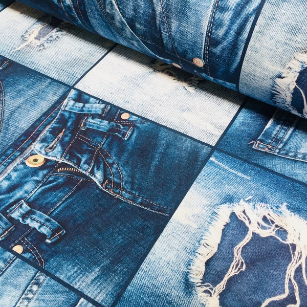 DIGI DENIM JEANS Effect Fabric for Furnishing Curtains, Backdrop blue patchwork cotton material 55"/140cm extra wide jeans print canvas