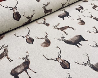 Stag Head Deer Country Side Fabric - Curtain Linen Look Cotton Material Christmas Moose Elk - 55"/140cm  wide