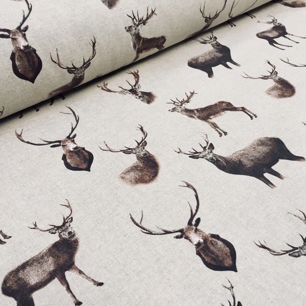 Stag Head Deer Country Side Fabric - Curtain Linen Look Cotton Material Christmas Moose Elk - 55"/140cm  wide