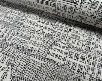 Houses Fabric Holland Amsterdam Village Print Linen Look Home Decor Curtain Upholstery Material - 55" or 140cm Wide - Cream, Black