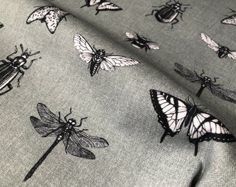 Grey Bugs & Insects Fabric for Curtains Upholstery Dressmaking - Bee Moth Butterfly Dragonfly Print 100% Cotton Material - 55"/140cm wide