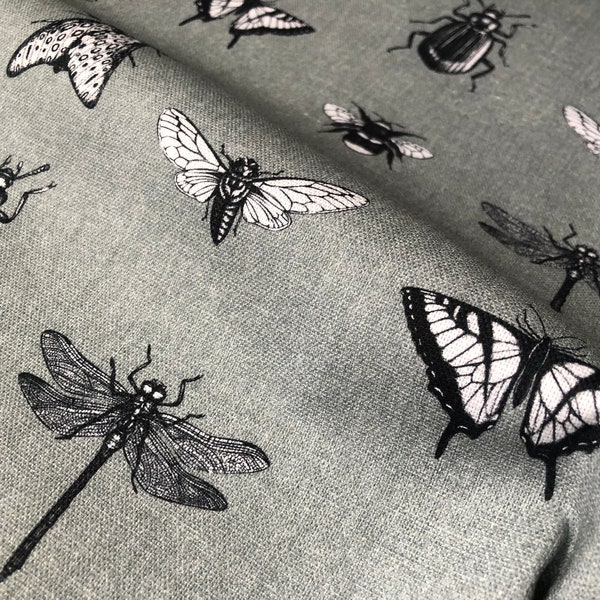 Tissu d'insectes gris pour la confection de rideaux d'ameublement - Abeille papillon de nuit coton imprimé libellule - 140 cm de large