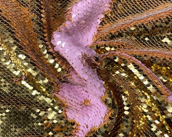 MERMAID Reversible 5mm Sequin Fabric Flip Two Tone Stretch Material - 130cm wide - Baby Pink & Gold sequins