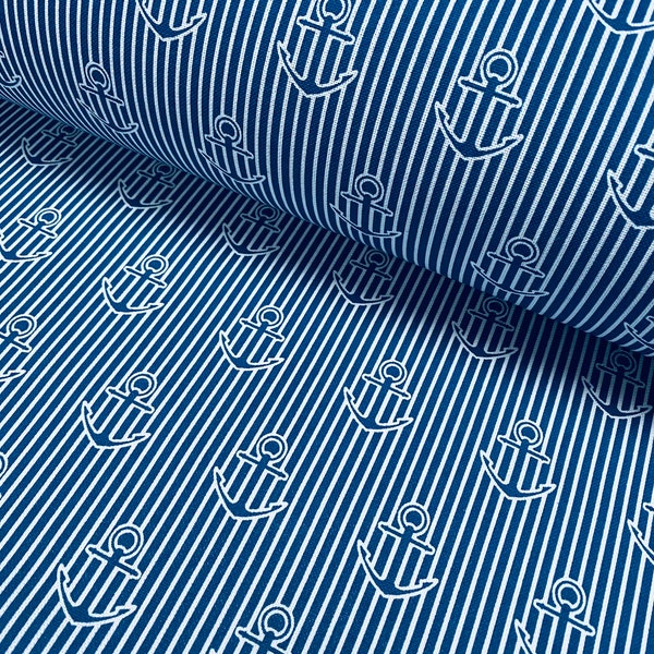 Anchor Stripe Fabric - Curtains, Upholstery, Dress Material - Striped Nautical Marine Design - 140cm or 55" Wide Canvas - BLUE & WHITE