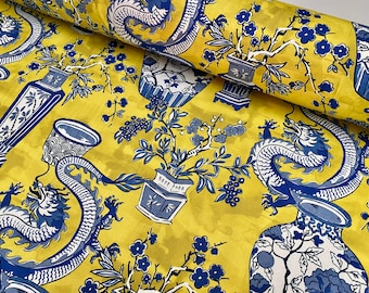 BLAUER Chinesischer Drache Stoff Asiatisches Porzellan Motiv Material Wohnkultur Vorhang Polster 140cm breit - Senf & Blau