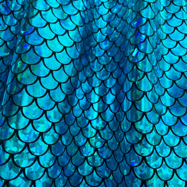 Mermaid Scale Fabric Fish Tale Foil Iridescent Stretch Spandex Material - 150cm wide - Blue on Black