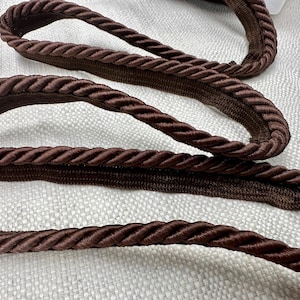 May include: Close-up of brown braided trim, a decorative rope-like material often used for upholstery, curtains, and crafts.
