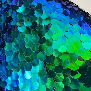 Puede incluir: Primer plano de lentejuelas iridiscentes azules y verdes dispuestas en un patrón degradado sobre una tela de malla negra.