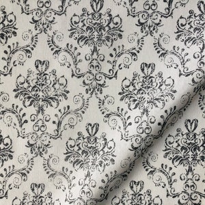 Floral Damask Antique Print Fabric Spanish Tile Baroque Material Vintage Look Upholstery Curtains Dressmaking 55&#39;&#39;/140cm wide - Grey & White
