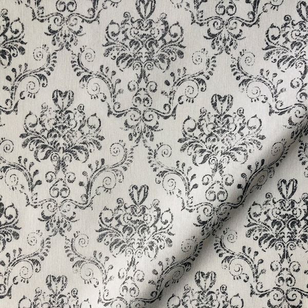 Floral Damask Antique Print Fabric Spanish Tile Baroque Material Vintage Look Upholstery Curtains Dressmaking 55''/140cm wide - Grey & White