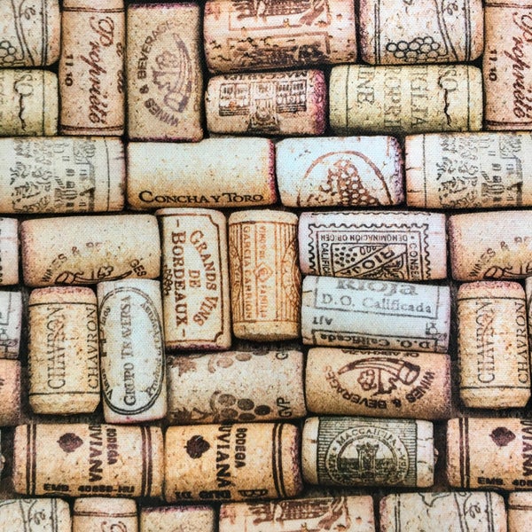 WINE CORK Digital Print Fabric Home Decor Curtain Upholstery Dress Cotton Material - 280cm or 110" EXTRA wide - Bottle Cork Canvas