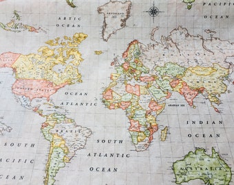 BEIGE WORLD MAP 3 Designer Curtain Upholstery cotton fabric material - World Map Print Canvas - 140cm wide and sold by the meter