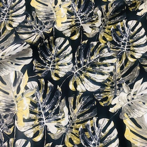 Black & Green Palm Banana Leaf Print Fabric Tropical Leaves Cotton Curtain Material Upholstery - 110&quot;/280cm extra wide