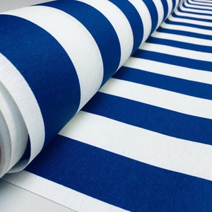 Teflon-Coated Outdoor Fabric – Royal Blue & White Striped Waterproof Material for Cushions, Awnings, Canopy, Patio – 140cm Wide