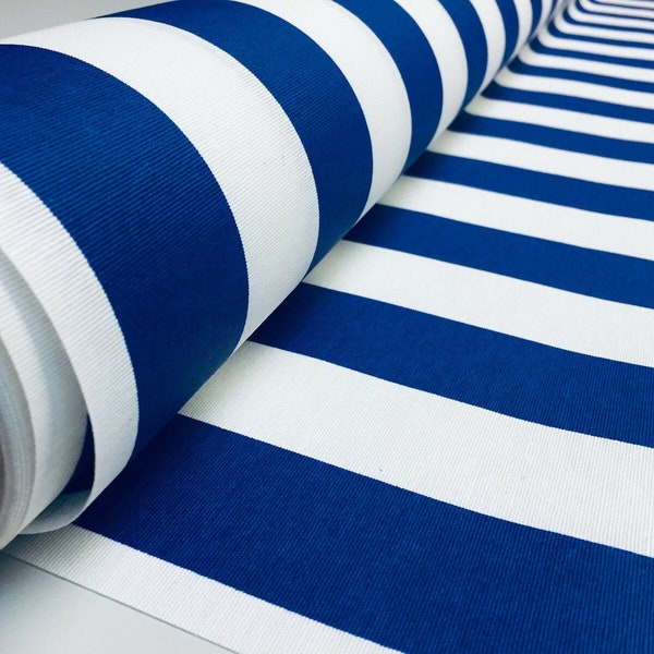 Teflon Waterproof Outdoor Fabric for cushion, gazebo, beach - 140cm wide, sold by metre - ROYAL BLUE & White Stripe Material Stripes