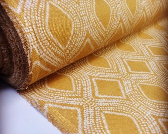 Art Deco Damask Rhombus Diamond Print Fabric Floral Cotton Material for Curtains Upholstery Home Decor - 140cm wide - Ochre Mustard Cream