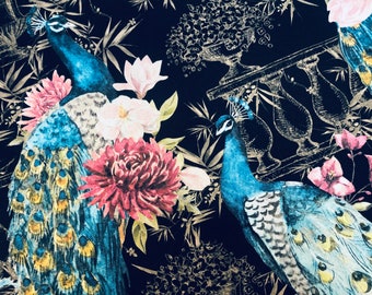 Peacock Bird Fabric - Floral Pink Peony Garden Furnishing, Curtains, Upholstery Material - 55"/140cm Wide - BLACK & Blue
