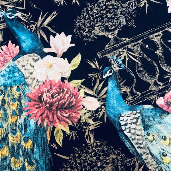 Peacock Bird Fabric - Floral Pink Peony Garden Furnishing, Curtains, Upholstery Material - 55"/140cm Wide - BLACK & Blue