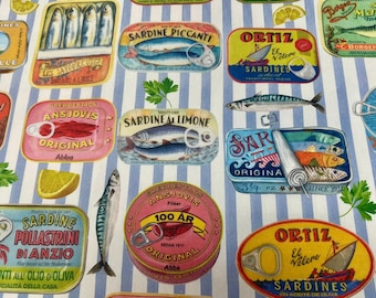Sardine Tin Fabric – Retro Fish Can Vintage Print Cotton Material for Kitchen Decor Curtains Tablecloths Crafts Upholstery - 140cm Wide