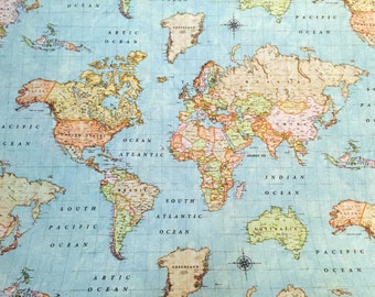 World Map 3 Curtain Upholstery Dress Cotton Fabric Material - Travel Globe Ocean Print Canvas - 110"/280cm Extra Wide, Per Metre - Blue