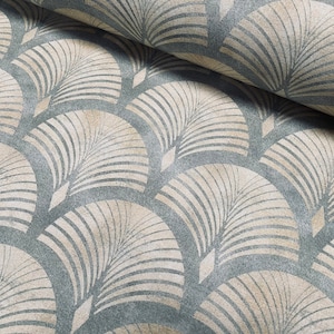 Art Deco Geometric Damask Floral Fan Fabric Fountain Leaf - Curtain Upholstery Home decor - 55&quot;/140cm Wide - Gold & Grey