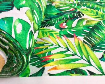 Tissu tropical avec feuilles de palmier et feuilles de bananier pour rideaux, coton vert / tissu imprimé numérique / 280 cm extra large