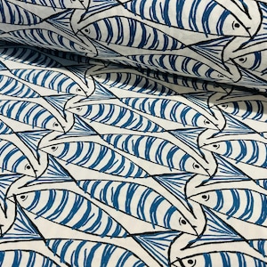 Sprats Blue Sardines Fish Fabric Marine White Digital Print Home Decor Curtain Upholstery Material - 140cm or 55" Wide