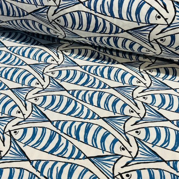 Sprats Blue Sardines Fish Fabric Marine White Digital Print Home Decor Curtain Upholstery Material - 140cm or 55" Wide