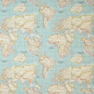 May include: A vintage world map pattern in blue, green, and brown colors. The map is repeated across the entire surface of the image. The map shows the continents of the world, including North America, South America, Europe, Asia, Africa, and Australia.