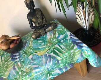 TEFLON Purple & Green Tropical Palm Leaves Botanical Monstera Leaf Garden Tablecloth PU Coated Outdoor Fabric Cushion Gazebo - 55" Wide
