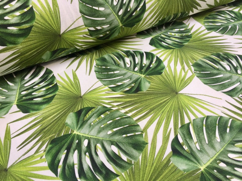 GREEN PALM LEAVES Cotton Fabric for Curtain Upholstery digital tropical leaf print 140cm wide image 1