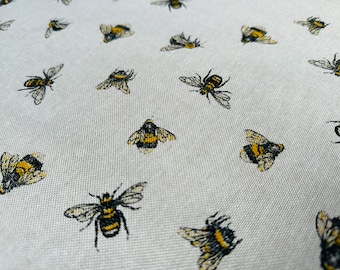 Bumblebee Print Fabric Bee Insects Linen Look Curtain Material for Dress Home Decor Curtain Upholstery - 55" or 140cm Wide Canvas