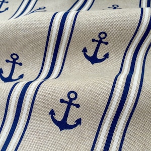 Marine Anchor Stripe LINEN LOOK Print Fabric - Curtain Upholstery Material - 140cm wide - Blue & White Canvas