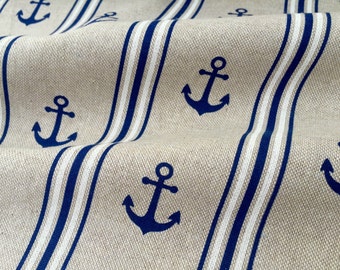 Marine Anchor Stripe LINEN LOOK Print Fabric - Curtain Upholstery Material - 140cm wide - Blue & White Canvas