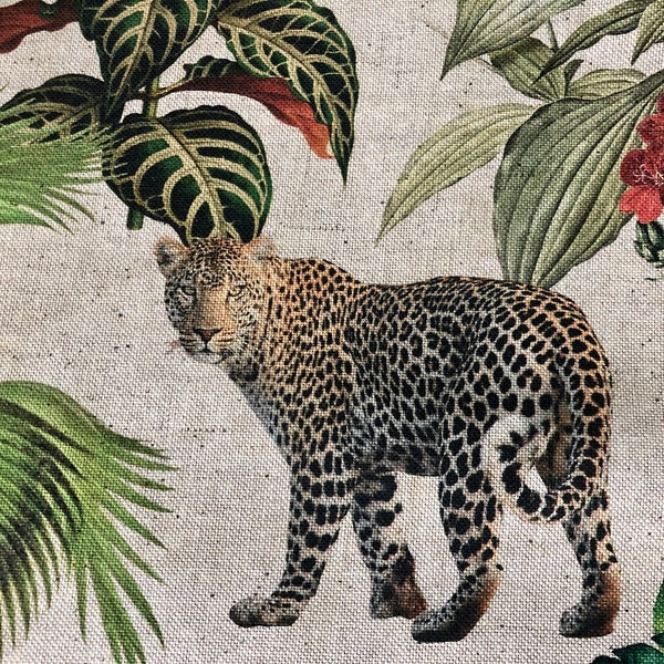 Safari Zoo Afrikanischer Tierdruck Stoff Tropischer Dschungel Palmenblütenblatt Material Leinenoptik - 275 cm breite Leinwand
