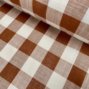 Gingham Linen Checked Linen Fabric Plaid Material Buffalo Check Cotton Yarn Tartan - 59" or 150cm wide - Terracotta Light Brown & White