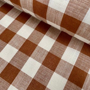Gingham Linen Checked Linen Fabric Plaid Material Buffalo Check Cotton Yarn Tartan - 59&quot; or 150cm wide - Terracotta Light Brown & White